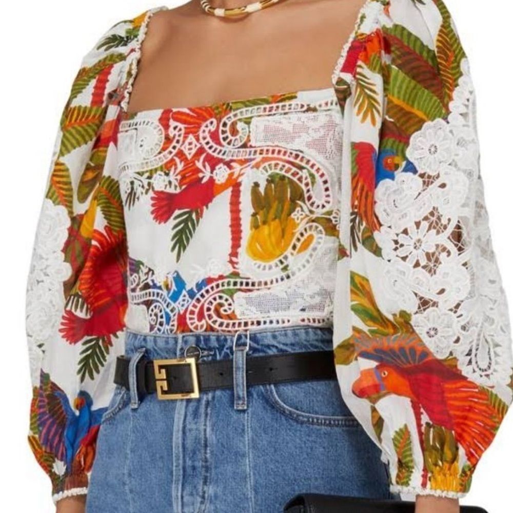 Farm Rio Forest Birds Smocked Embroidered Blouse size Small - Picture 3 of 10